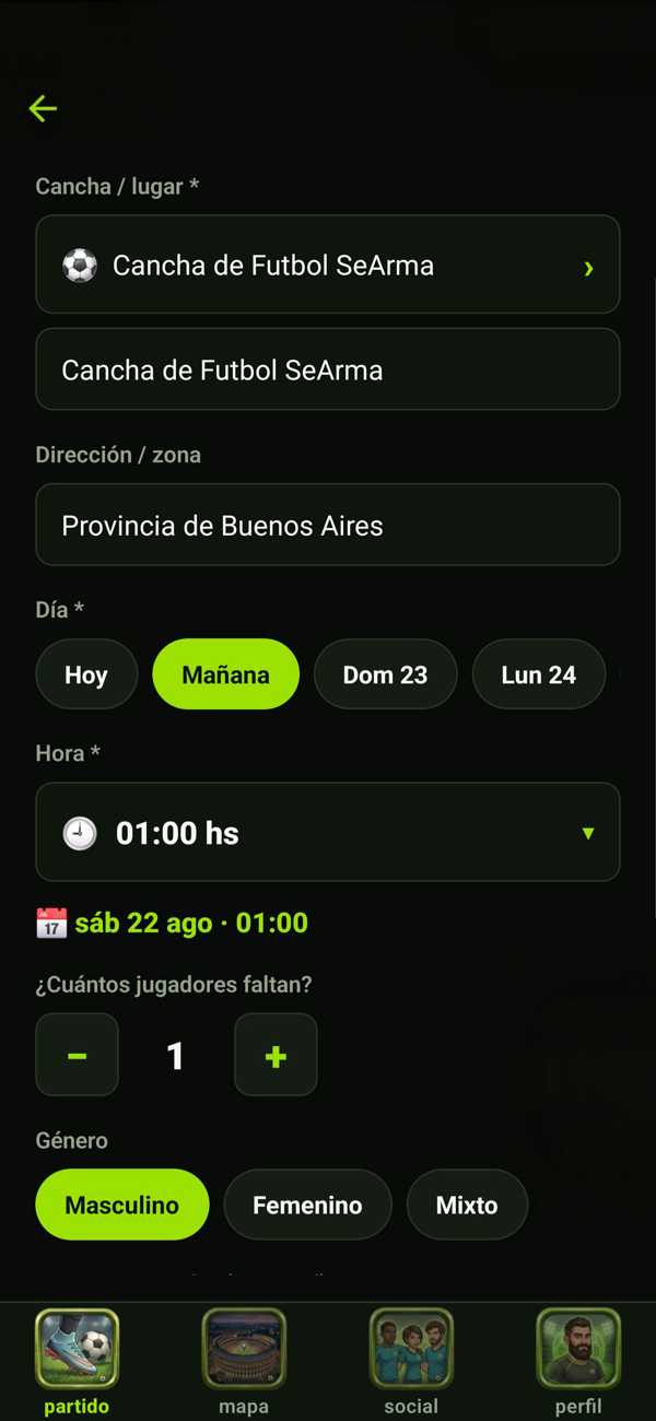 Crear un partido: cancha, día y cuántos faltan