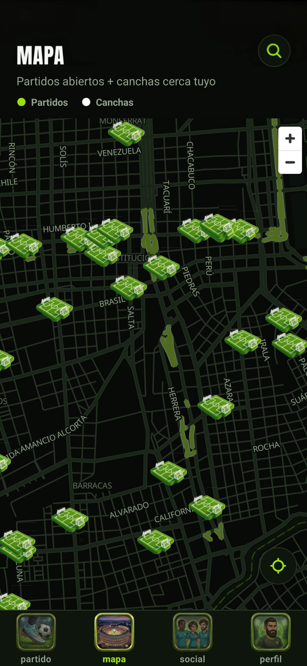Mapa de partidos y canchas cerca tuyo