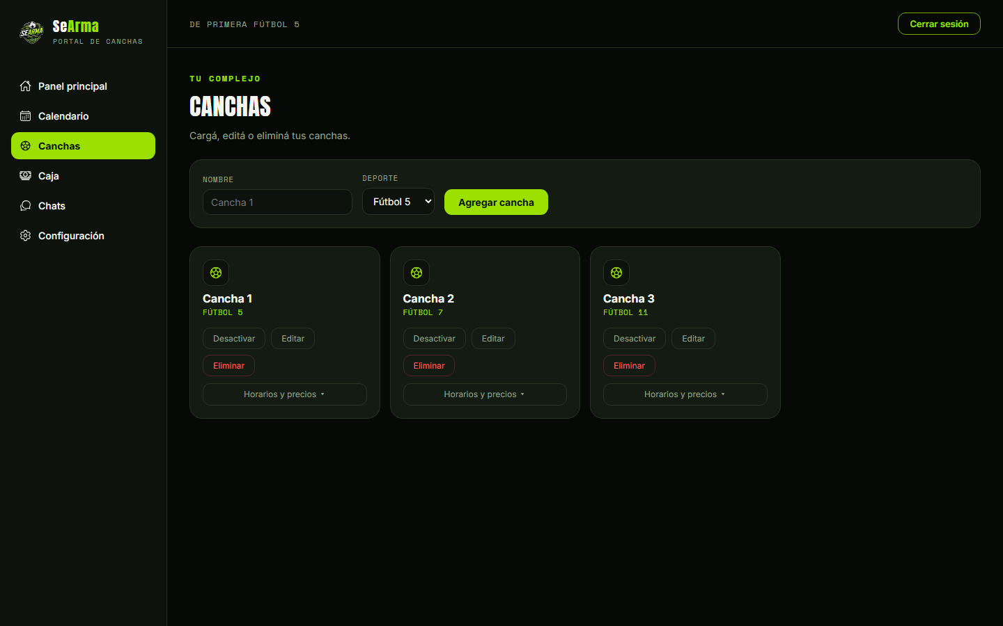 Portal de gestión de canchas de SeArma: administrá tus canchas, horarios y precios